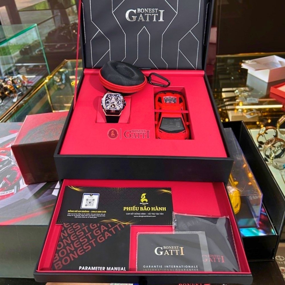 Hộp fullbox đồng hồ Bonest Gatti BG9970 kèm mô hình siêu xe và quà tặng