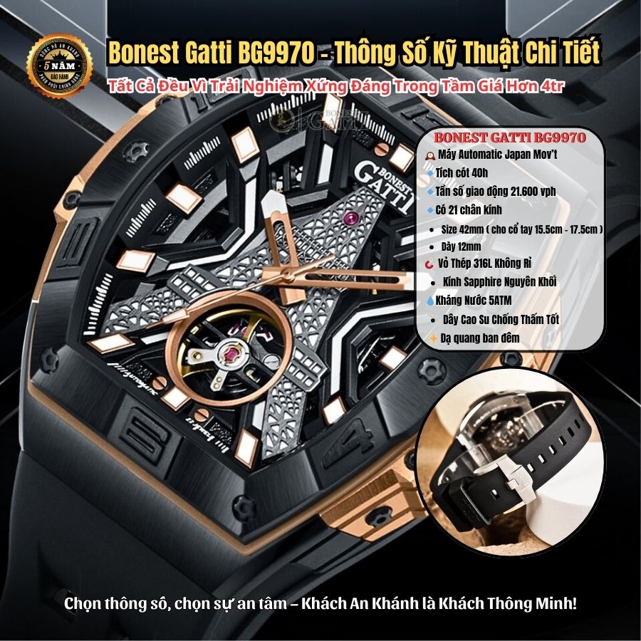 Thông số kỹ thuật đầy đủ của đồng hồ Bonest Gatti BG9970 – bộ máy cơ, mặt kính sapphire, chống nước 5ATM