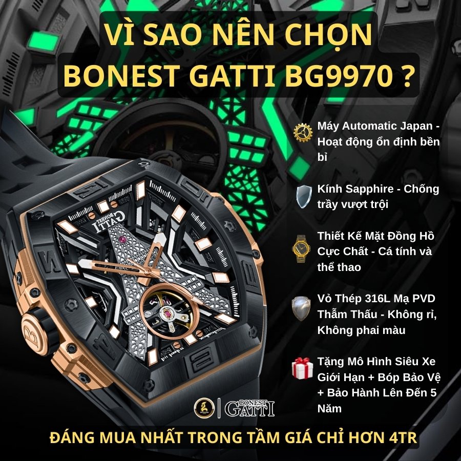 Lý do chọn Bonest Gatti BG9970 – đồng hồ cơ lộ máy thể thao, máy Nhật, kính sapphire, vỏ thép PVD, bảo hành 5 năm.