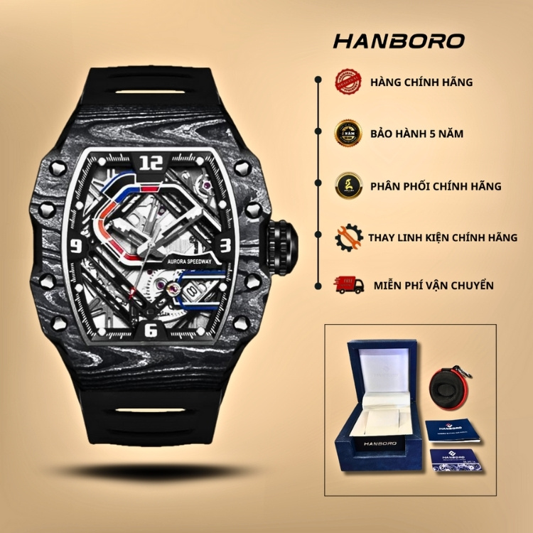 Đồng hồ Hanboro HBR9036 mặt skeleton thể thao chính hãng, tặng kèm hộp, thẻ bảo hành 5 năm