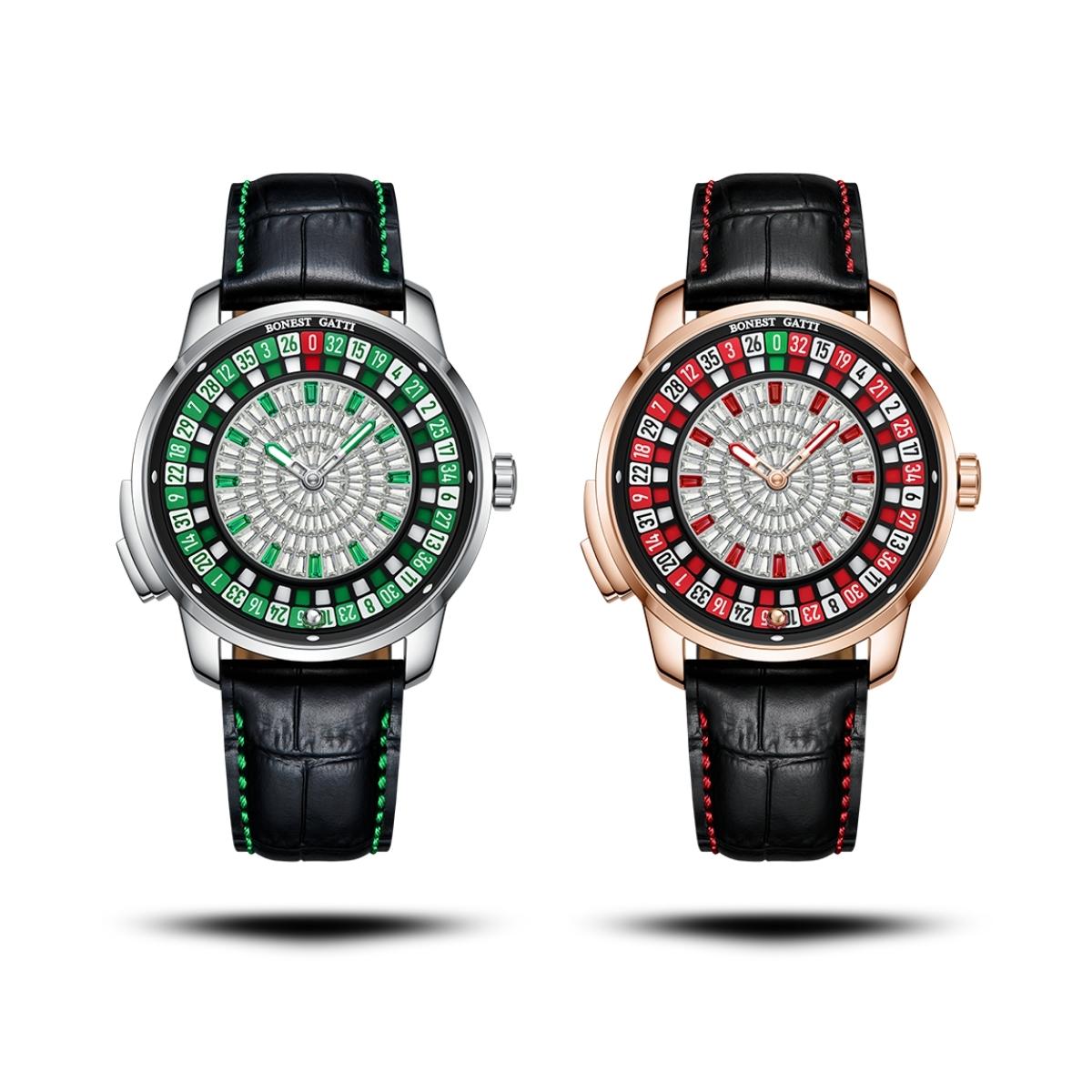 So sánh hai phiên bản màu sắc của Bonest Gatti BG8004: Bạc/Xanh lá và Vàng Hồng/Đỏ.