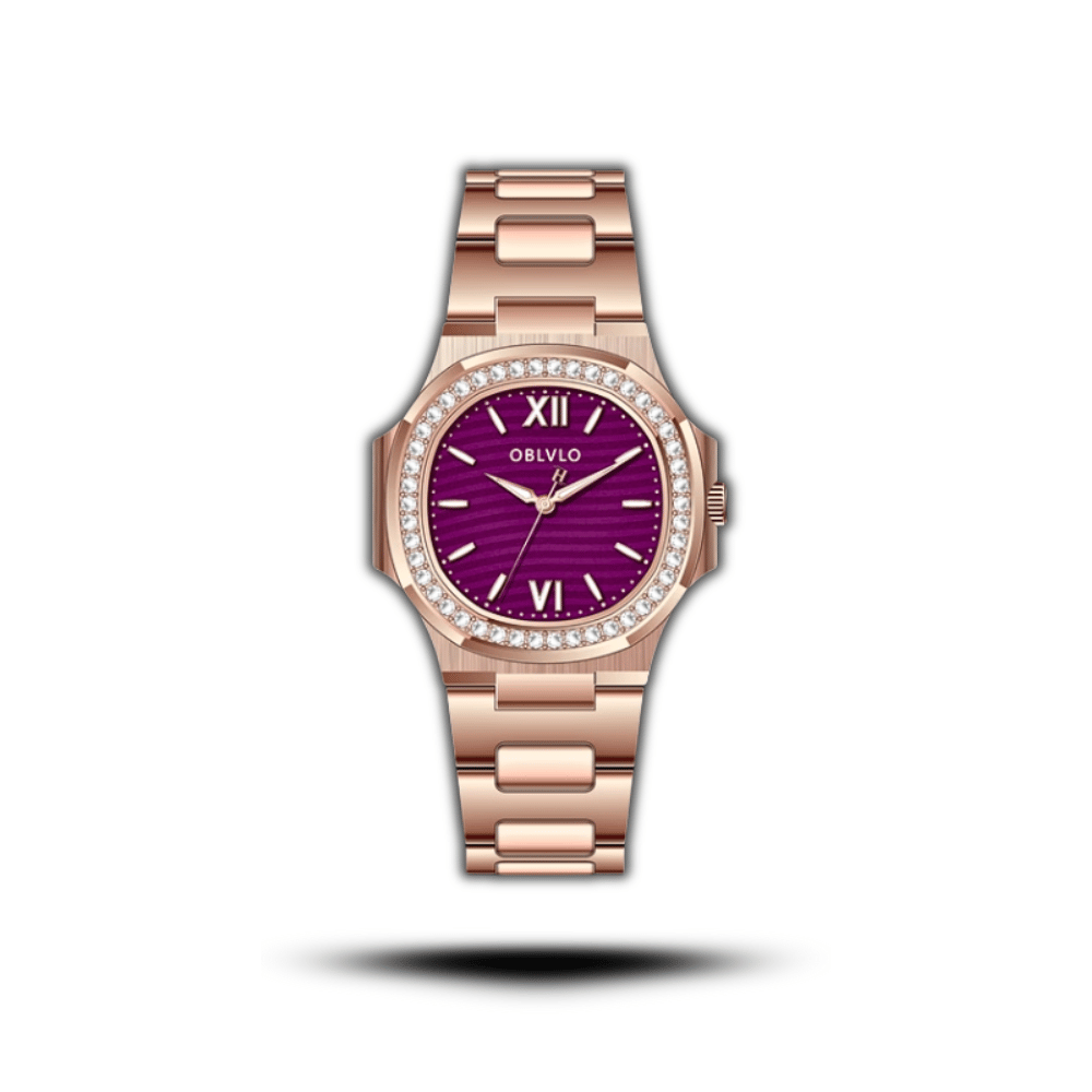 Ảnh chụp chính diện Đồng Hồ Nữ Mặt Vuông Oblvlo FW chính hãng màu vàng hồng trên nền trắng.