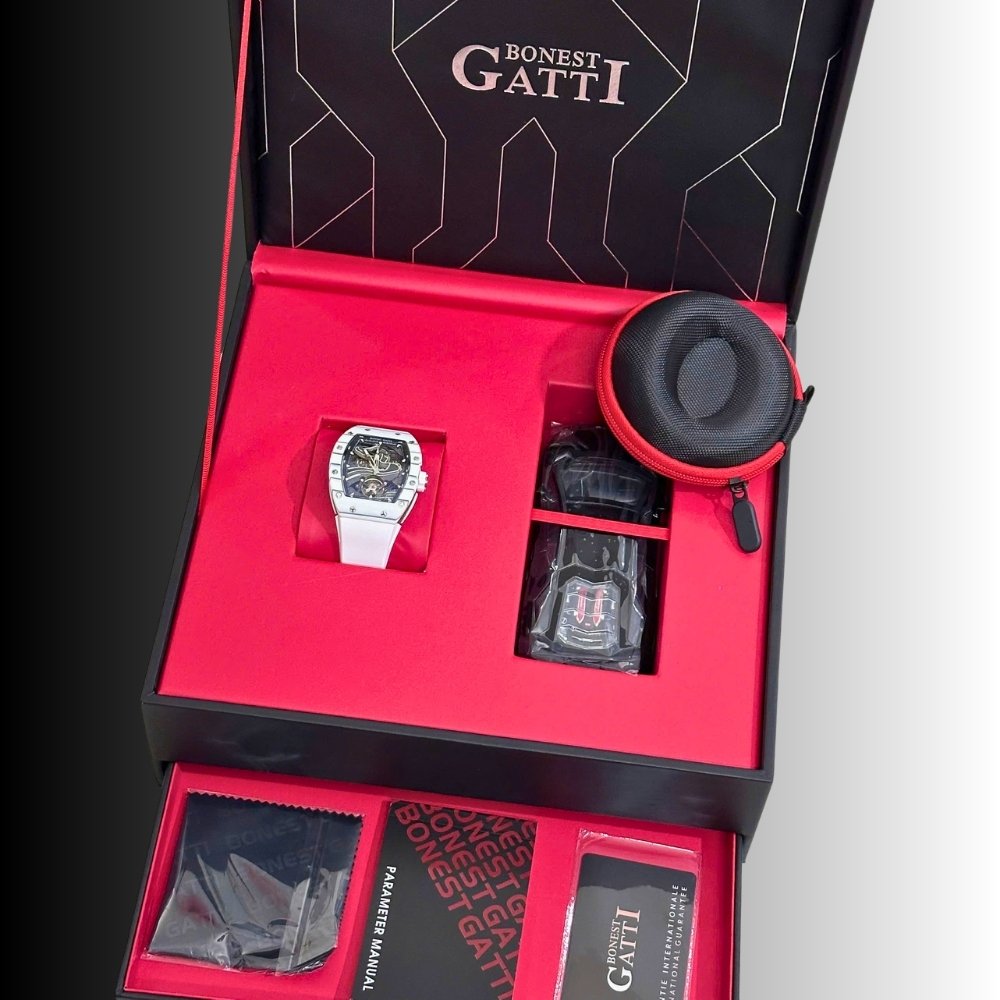 Trọn bộ hộp chăm sang trọng màu đen đỏ, phụ kiện, sách hướng dẫn và thẻ bảo hành của đồng hồ Bonest Gatti BG9003 Carbon.