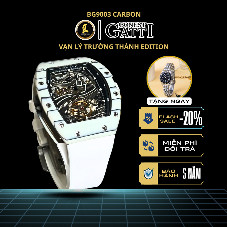 Banner quảng cáo đồng hồ Bonest Gatti BG9003 Carbon Vạn Lý Trường Thành Edition, Flash Sale -20%, Miễn phí đổi trả, Bảo hành 5 năm.